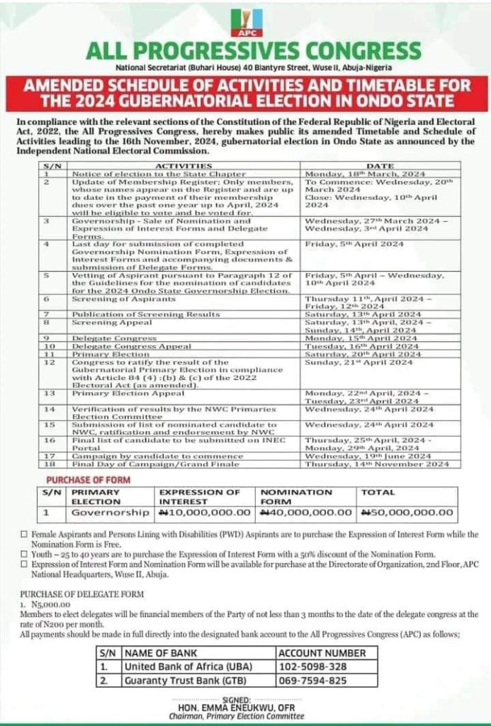 Ondo 2024: APC changes date of primary, adopts Indirect system - Ondo ...